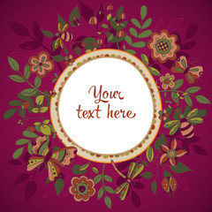 Beautiful greeting card with flowers, leaves, butterflies, drago