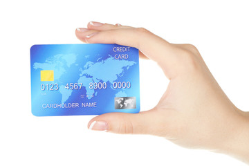 Hand holding credit card, isolated on white