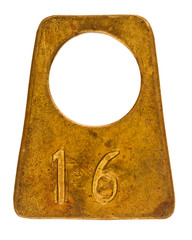 Ancient brass cloakroom label with number 16