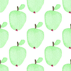 Seamless watercolor pattern with funny green apples on the white