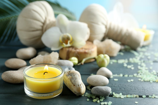 Still life with beautiful blooming orchid flower, spa treatment