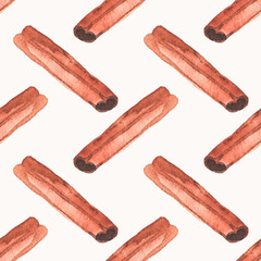 Seamless watercolor pattern with cinnamon on the white