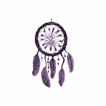 Dreamcatcher, feathers and beads. Simple watercolor element