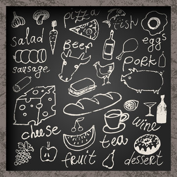 Vector set of hand-drawn food on chalkboard.