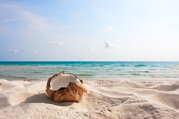 Fototapeta na wymiar Fresh coconut on sand beach