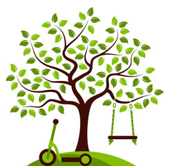 tree with swing and scooter