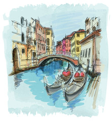 Naklejka premium 2 gondolas. Ponte del Mondo Novo. Venice