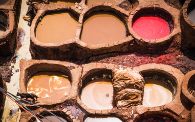 Fes, Marocco, tannery leather souk.
