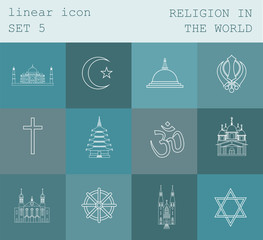 Fototapeta na wymiar Outline icon set Religion in the world. Flat linear design