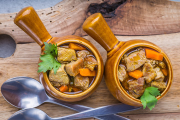 Portion of traditional beef stew with carrots