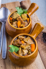 Portion of traditional beef stew with carrots