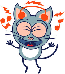 Enthusiastic gray cat with headphones listening to music