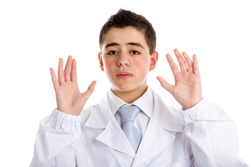 Open palms gesture by boy doctor