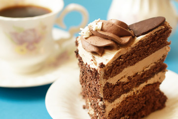 Piece of cake with cream close-up