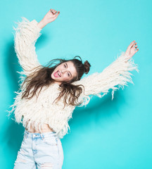 portrait of cheerful fashion hipster girl going crazy making - 82054607