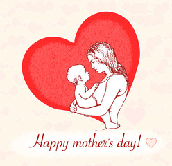 Young mother holding her baby drawing in profile