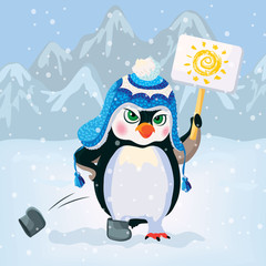 Unhappy penguin holding a sign. Vector