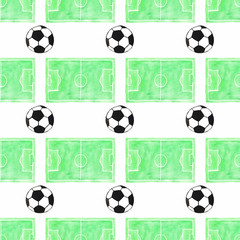 Watercolor seamless pattern with ball and football field on the © runlenarun