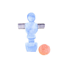 Foosball player and ball. Watercolor object on the white