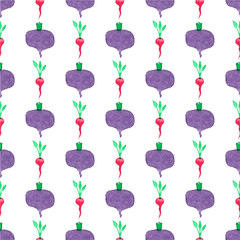 Seamless watercolor pattern with beetroot and radishes on the