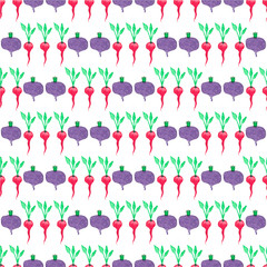 Seamless watercolor pattern with beetroot and radishes on the