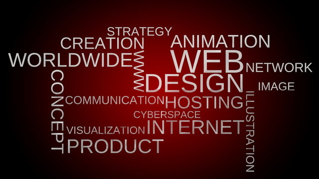Web design word cloud animation - red bg. Loop able