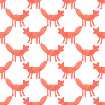 Watercolor seamless pattern with foxes on the white background