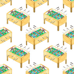 Watercolor seamless pattern with foosball tables on the white