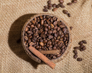 coffee beans, cinnamon, old wooden coffee