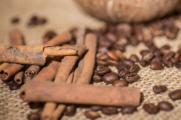 coffee beans, cinnamon, old wooden coffee