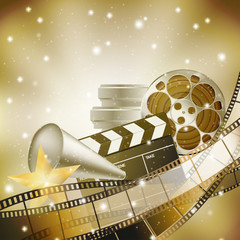 cinema background with retro filmstrip, clapper and stars