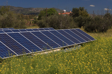 solar panel on the field close-up. horizontal