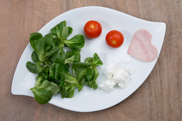 Healthy food for diet as bread salad, tomatoes, eggs,