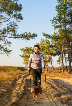 woman with sticks for walking and dog on walk