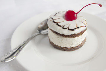 Dessert with a biscuit vanilla and chocolate cream