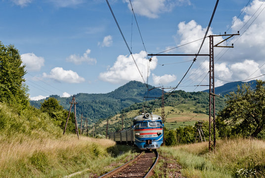 Railway train in Carpathian mountains, Ukraine