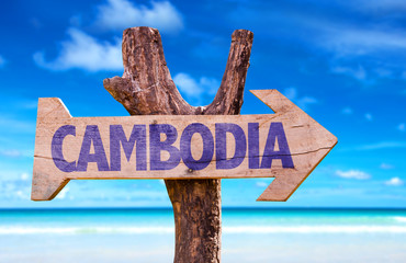 Cambodia wooden sign with beach background