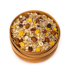 Cereal (Muesli) on a white background. Selective focus.