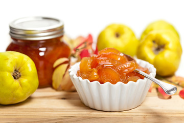 Homemade jam from a quince. Selective focus.