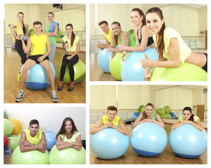 Obraz na płótnie Canvas Collage of photos with young people training with gymnastic ball in gym
