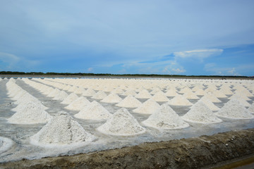 Salt piles in salt farm at Petchaburi, Thailand.