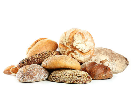 Different Fresh Bread, Isolated On White