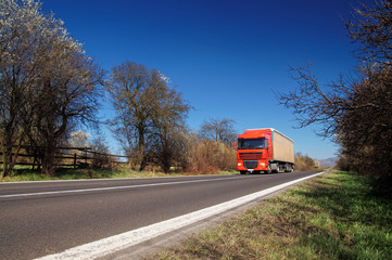 Road between flowering trees in early spring. Truck on the road.