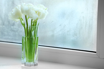 Beautiful white tulips in glass vase on windowsill background