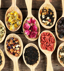 Collection of tea and natural additives in wooden spoons, on old wooden table