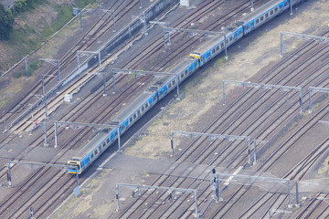 Aerial view of train in motion