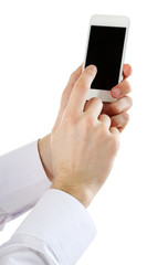 Hand holding mobile smart phone isolated on white