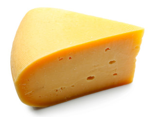 Piece of tasty cheese isolated on white