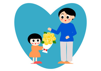 父の日のイラスト: お父さんに花束をプレゼントする子供