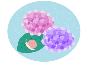 雨とあじさいとカタツムリのイラスト